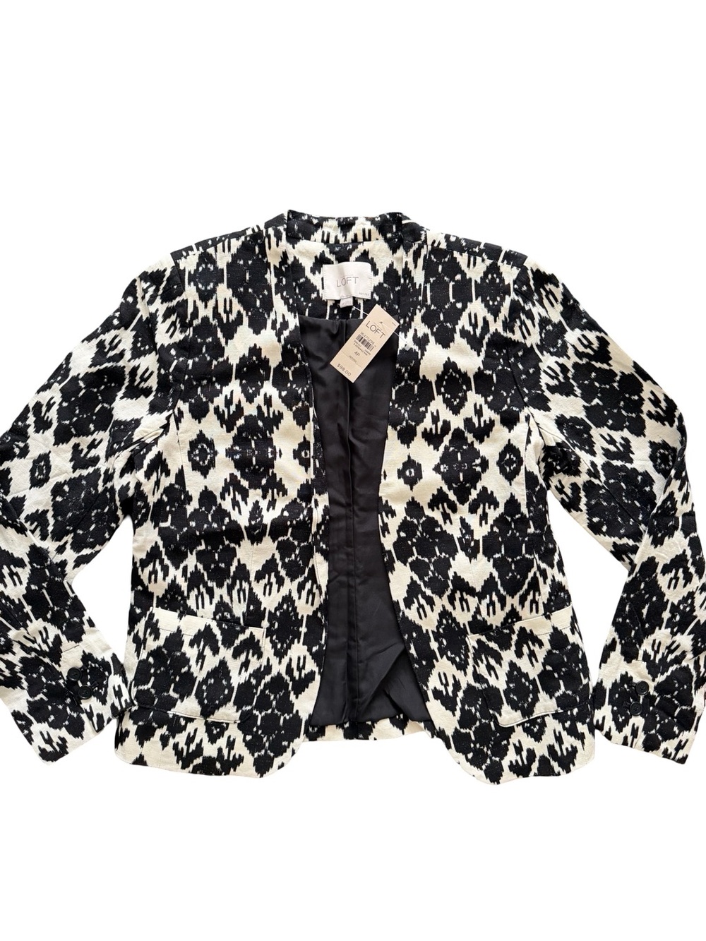 Ann Taylor LOFT Black & White Ikat Patterned Open-Front Jacket Size S/4P NWT